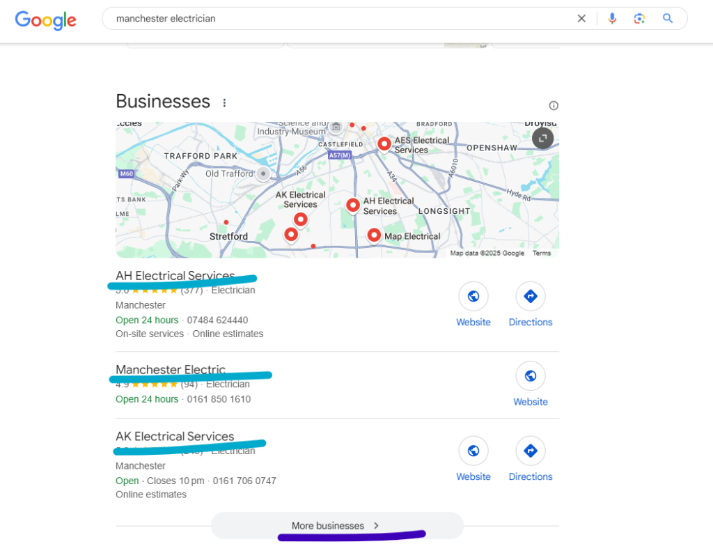 Google local map pack for 'manchester electrician' showing three businesses, with names and a More businesses button marked