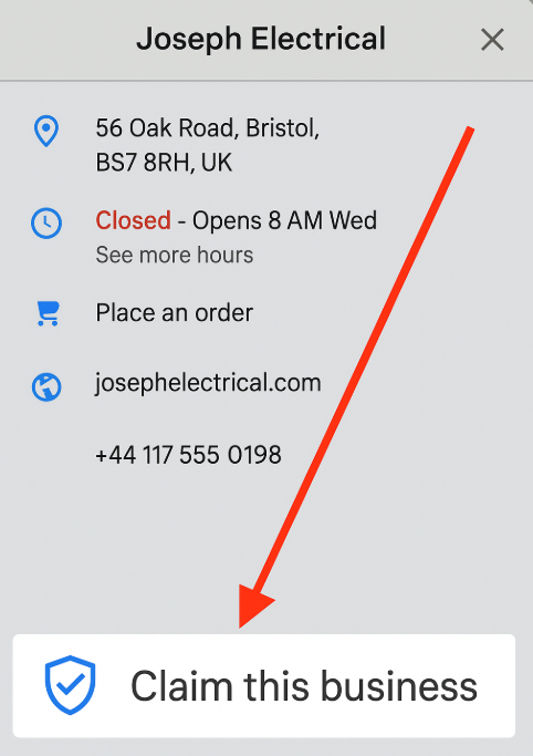 Google Maps business listing with an arrow pointing to the Claim this business button at the bottom