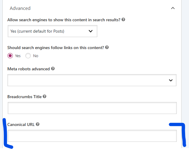 The Advanced section of the Yoast SEO box in WordPress, with the Canonical URL field highlighted at the bottom