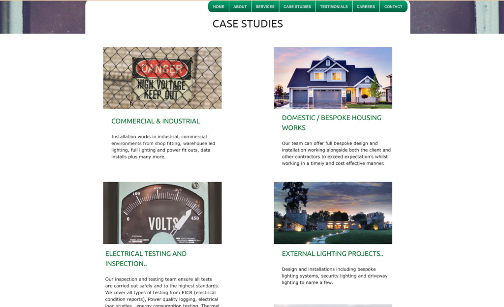 The case studies page of an electrical contractor's website on a desktop screen, with the case studies laid out in a two-column grid of image cards