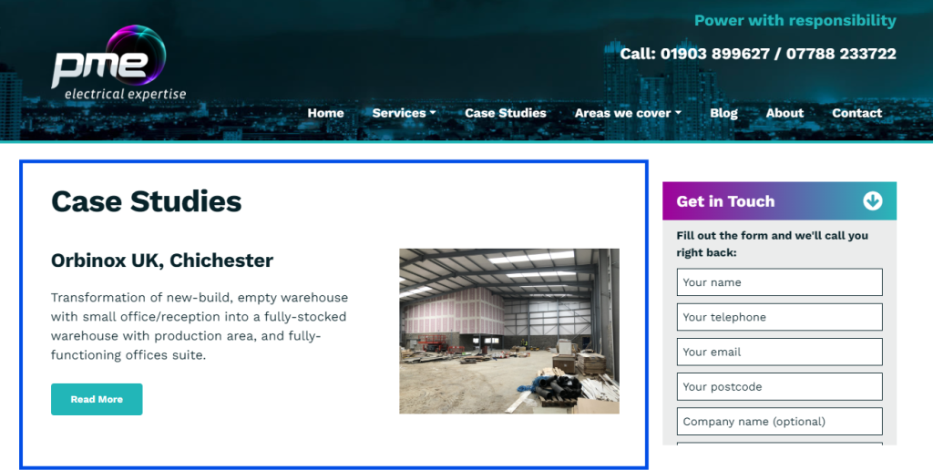 PME Electrical case study page featuring a warehouse and office fit-out in Chichester, with a contact form