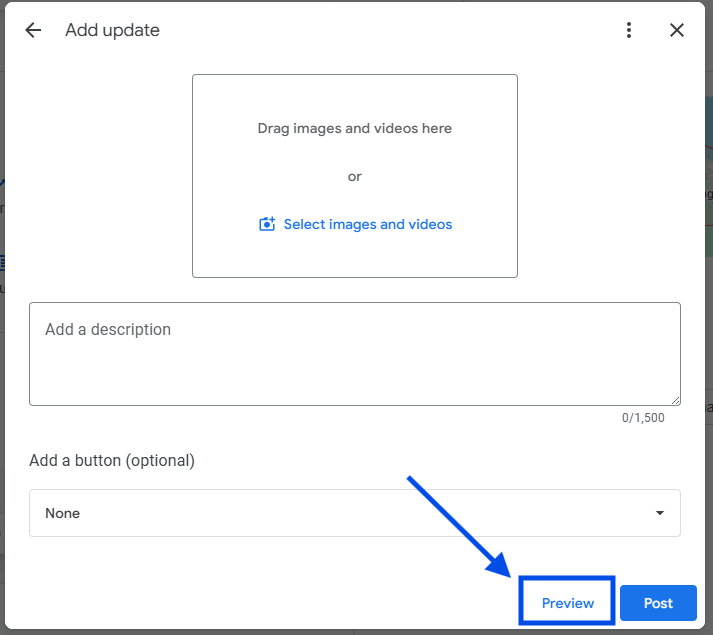 Add update post window with an arrow pointing to the Preview button to check the post before publishing