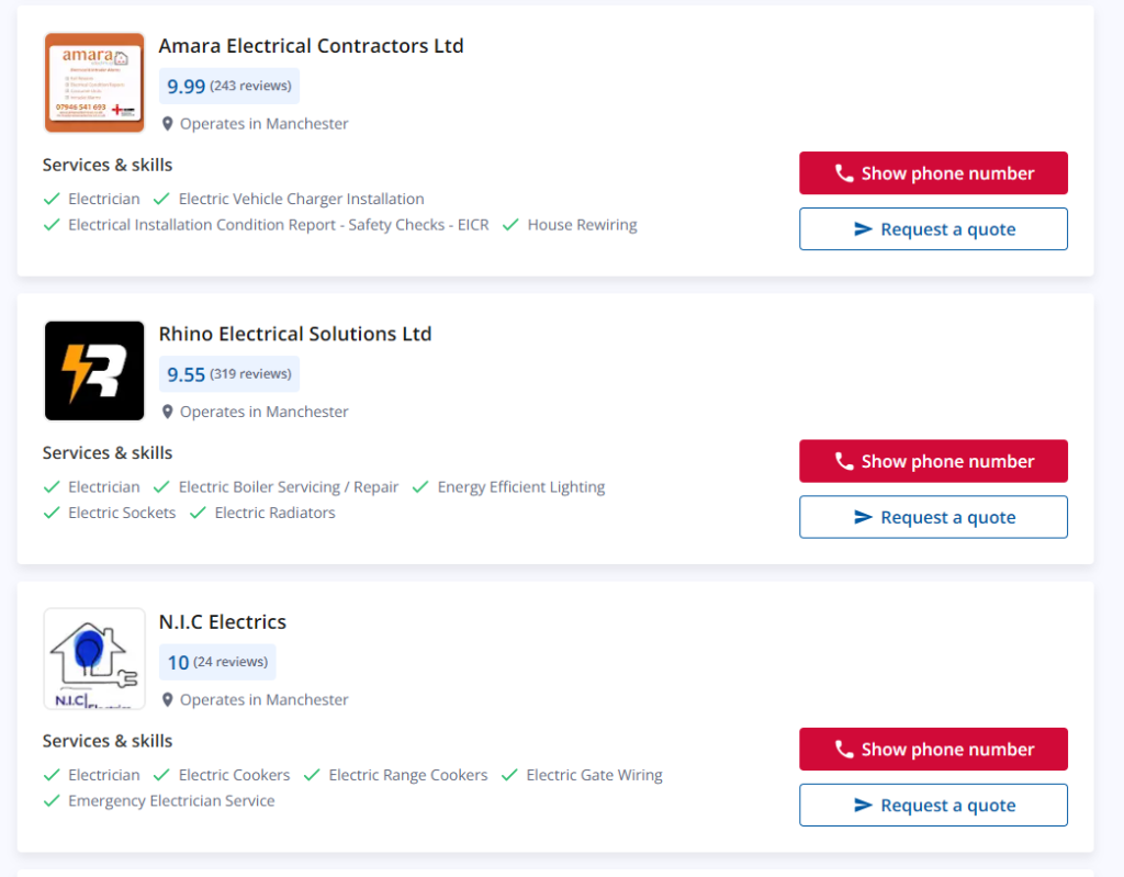 Checkatrade results for electricians in Manchester, each showing a review score, review count, services and buttons to show the phone number or request a quote