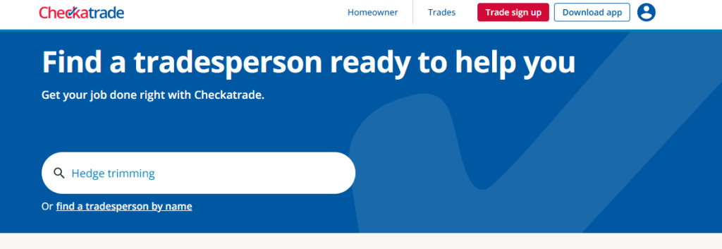 Checkatrade homepage with the headline 'Find a tradesperson ready to help you' and a search box