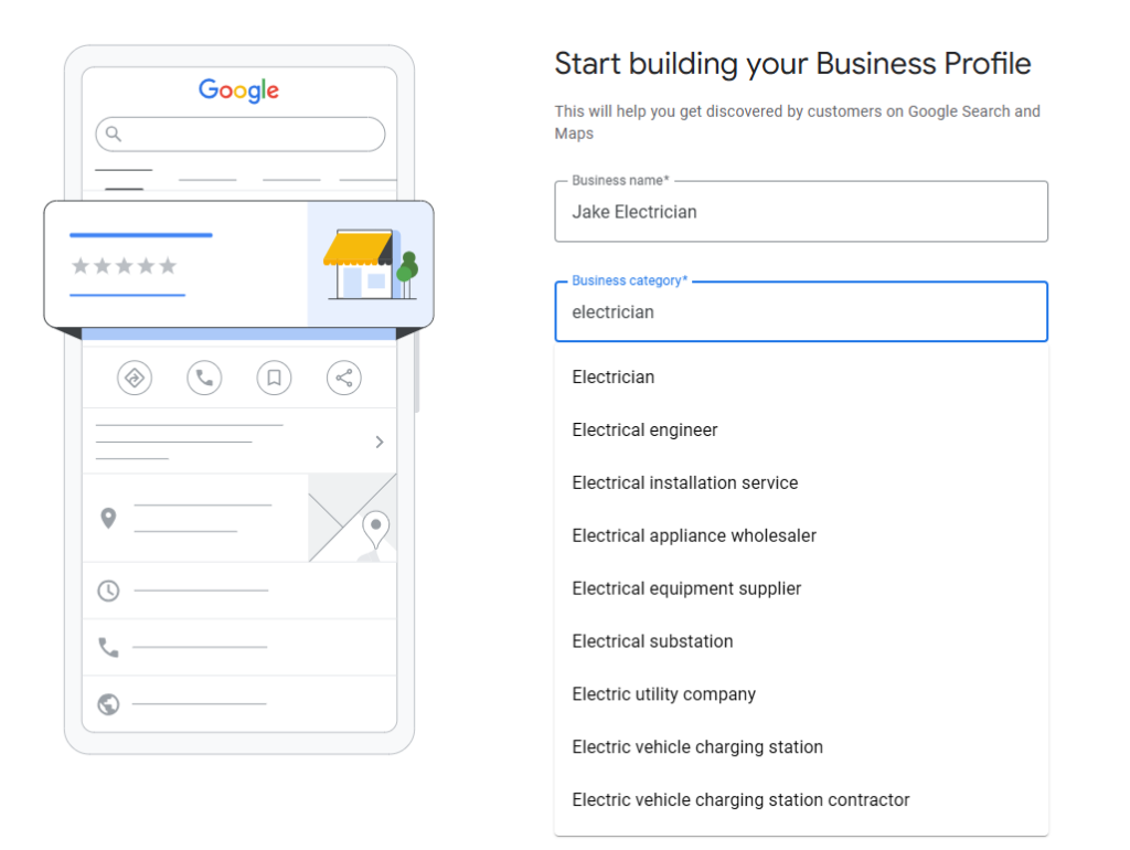Business category dropdown in Google Business Profile setup with Electrician as the top suggestion