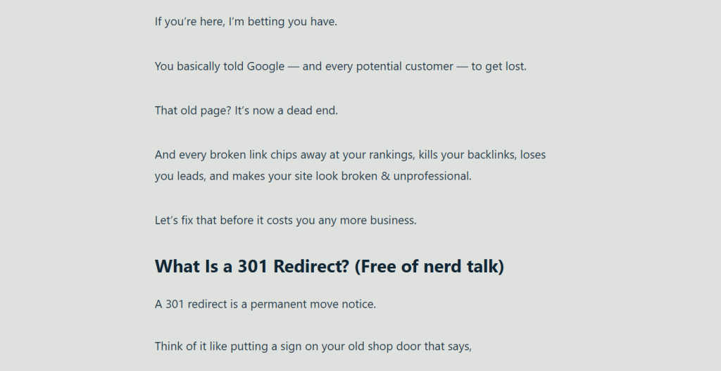 Blog post excerpt made up of short paragraphs and a clear subheading, an example of clean formatting