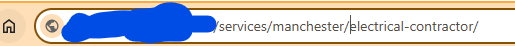 Browser address bar showing a clean URL ending in /services/manchester/electrical-contractor/