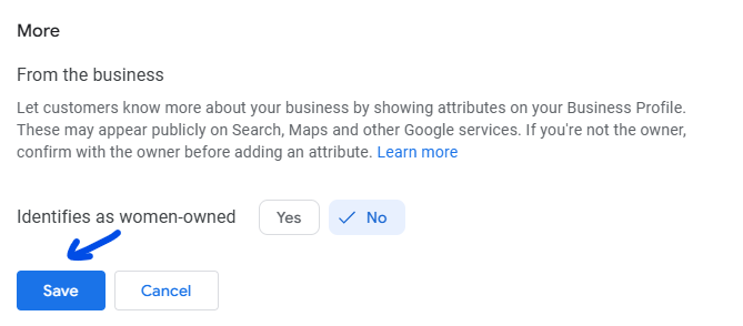 Business attributes screen with a Yes or No option and an arrow pointing to the blue Save button