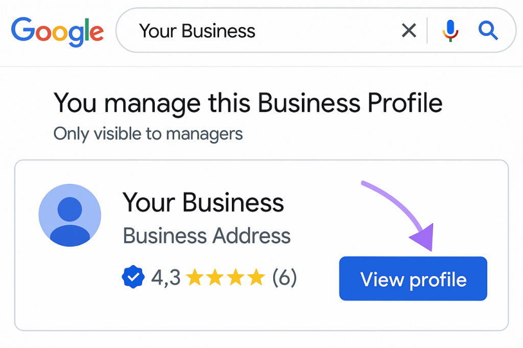 Google result for a managed Business Profile with the 'View profile' button pointed out by an arrow