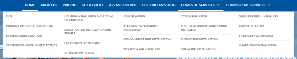 Website menu with a dropdown packed with domestic services links, an example of a cluttered navigation