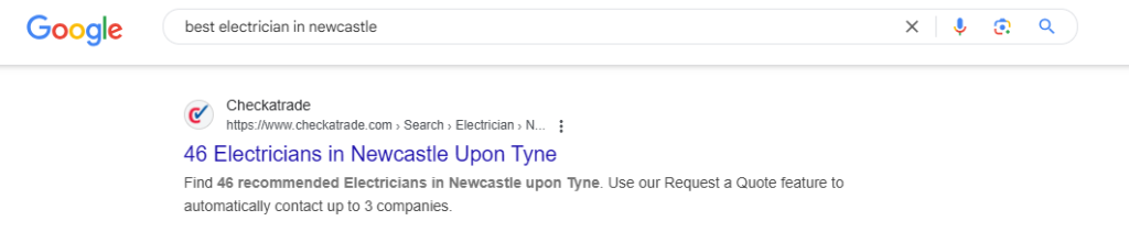 Google search for 'best electrician in newcastle' showing a Checkatrade directory result listing 46 electricians