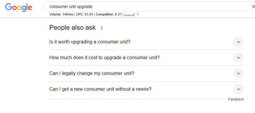 Google 'People also ask' box for 'consumer unit upgrade' with questions like 'Is it worth upgrading a consumer unit?'
