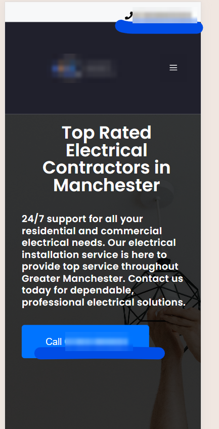 A phone view of an electrical contractor's homepage, with the phone number shown at the top of the screen and again on a Call button, both marked in blue