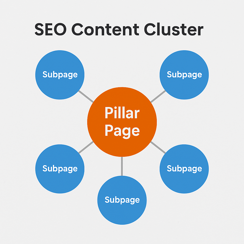Diagram of an SEO content cluster with a central pillar page linked to five subpages