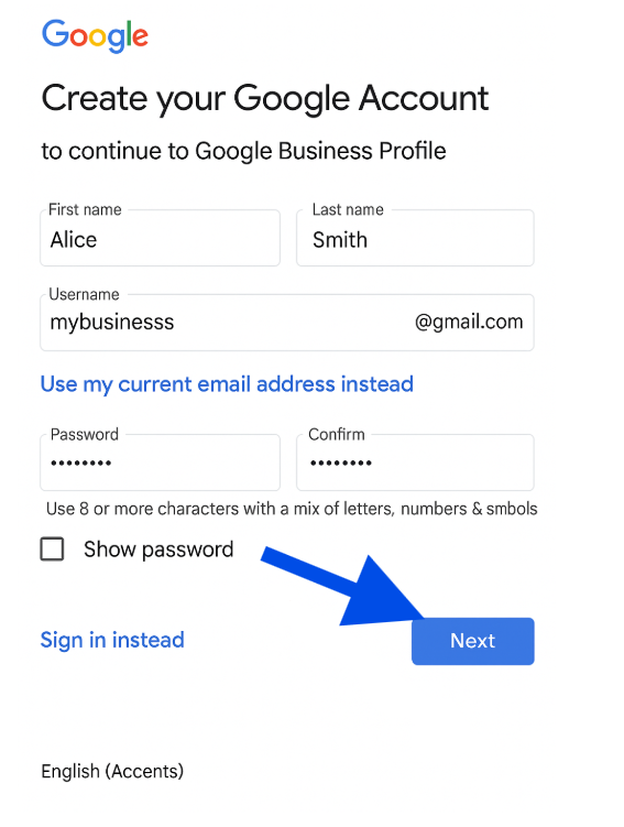 Create your Google Account form with name, username and password fields and an arrow pointing to Next