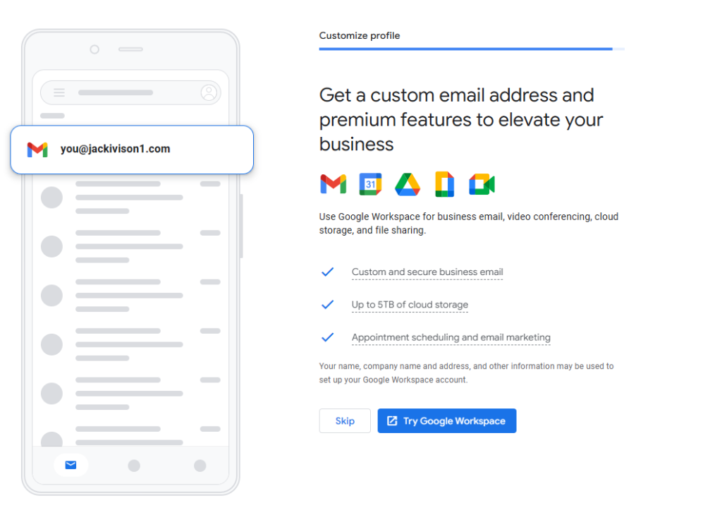 Google Business Profile step offering a custom email address and Google Workspace, with Skip and Try buttons
