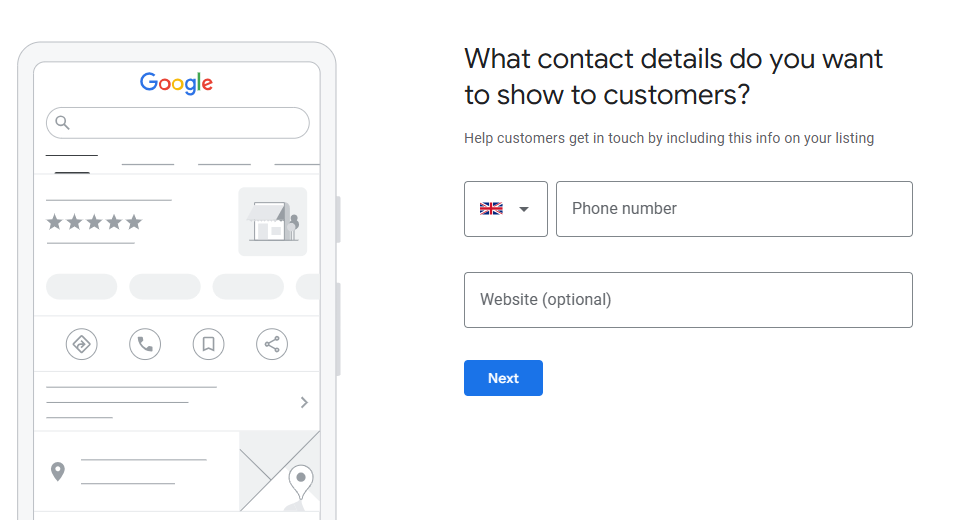 Google Business Profile step asking for contact details, with phone number and optional website fields