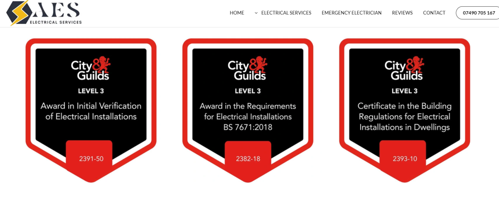 Three City & Guilds Level 3 qualification badges on an electrician's website: 2391-50 initial verification of electrical installations, 2382-18 requirements for electrical installations BS 7671:2018, and 2393-10 building regulations for electrical installations in dwellings