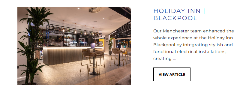 Case study card on an electrical contractor's website for a Holiday Inn job in Blackpool, with a photo of the hotel bar and a short summary of the electrical installations