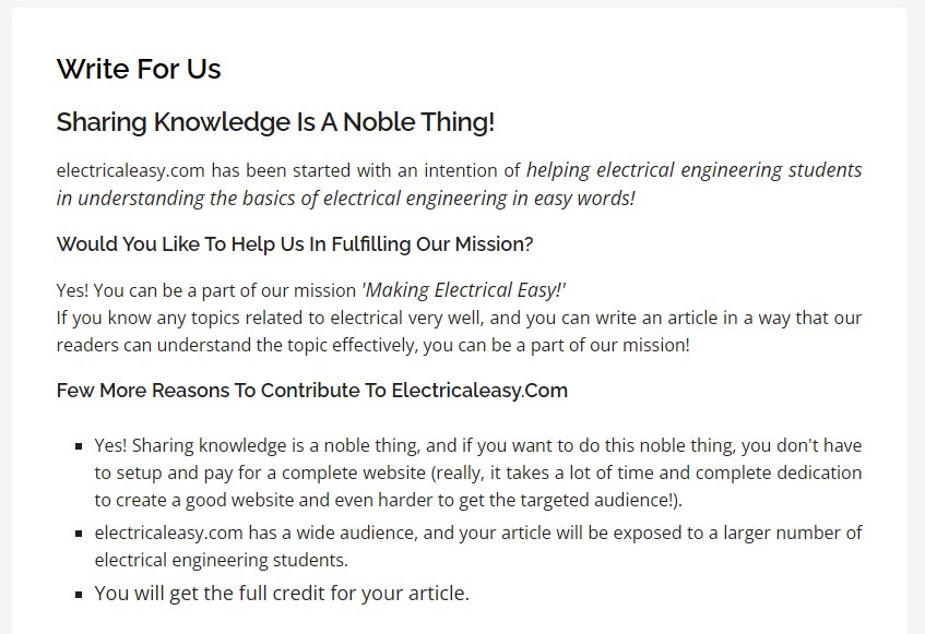 Write For Us page on electricaleasy.com inviting contributors to submit electrical articles