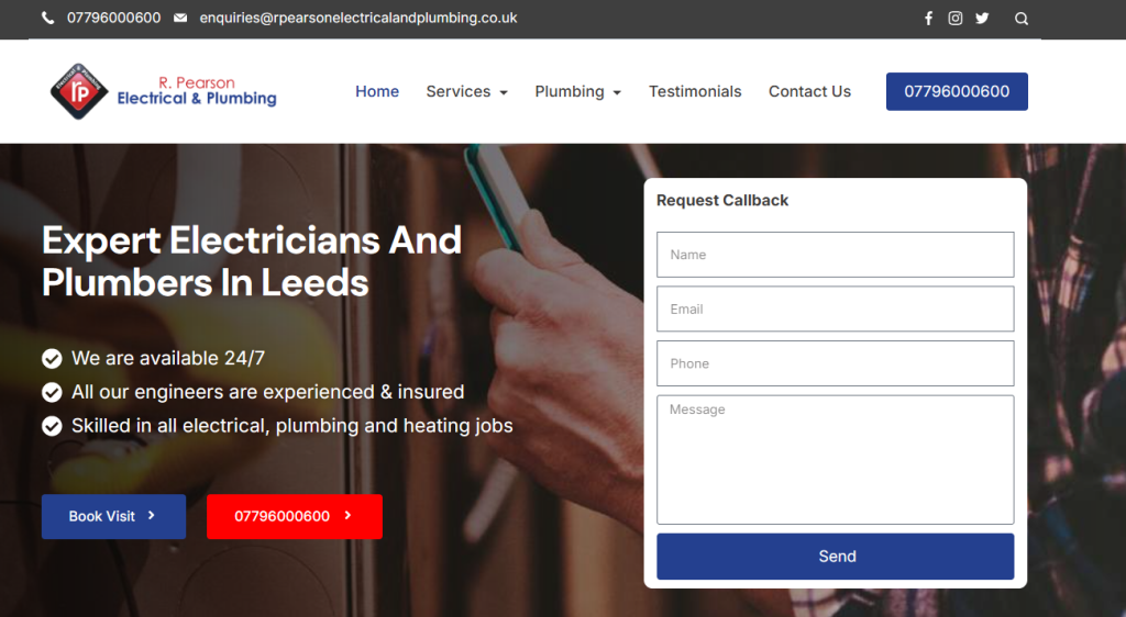 R. Pearson Electrical and Plumbing homepage headed 'Expert Electricians And Plumbers In Leeds' with a callback form