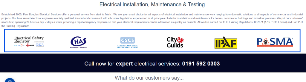 Row of accreditation logos on an electrician's page, including CHAS, CSCS, City and Guilds, IPAF and PASMA, above a call now bar with a phone number