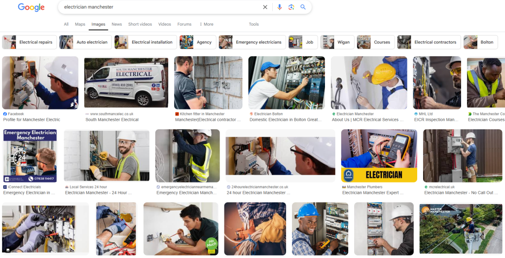Google Images results for the search electrician Manchester, showing a grid of photos of electricians at work and a branded van