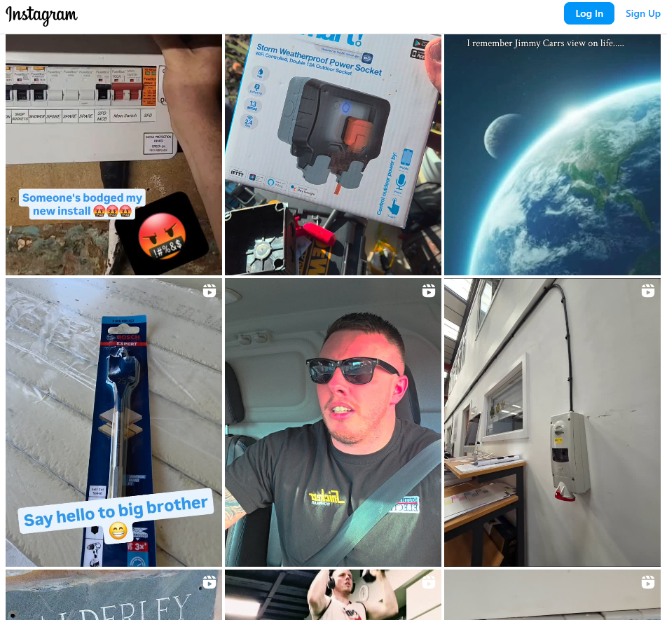Instagram feed grid of electrical posts, from consumer unit shots to a smart outdoor socket and a van selfie video
