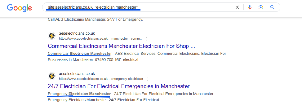 Google search using site: and the keyword electrician manchester, returning two pages from the same website that both target that keyword