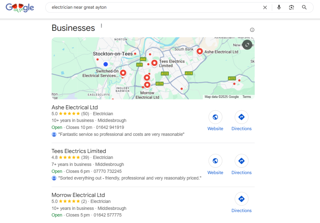 Google map pack for electrician near Great Ayton showing a map and three local electrician listings