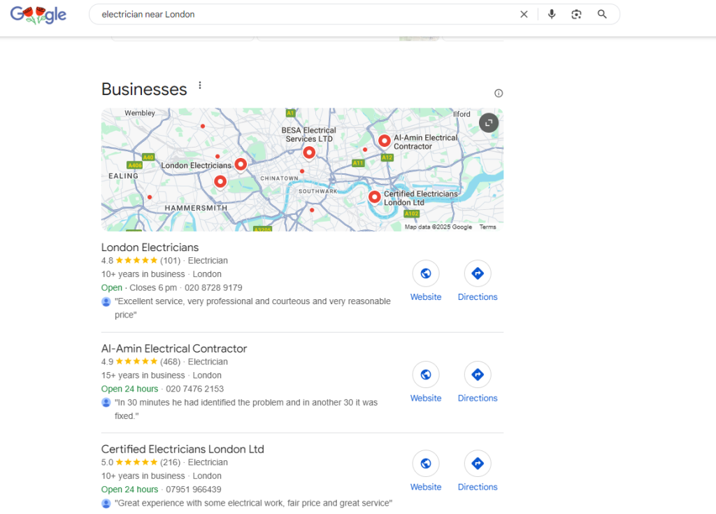 Google local pack for electrician near London listing three electricians with ratings, map pins and reviews