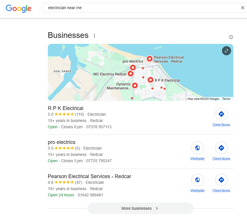 Google local results for 'electrician near me' in Redcar with a map and three electricians with ratings and phone numbers