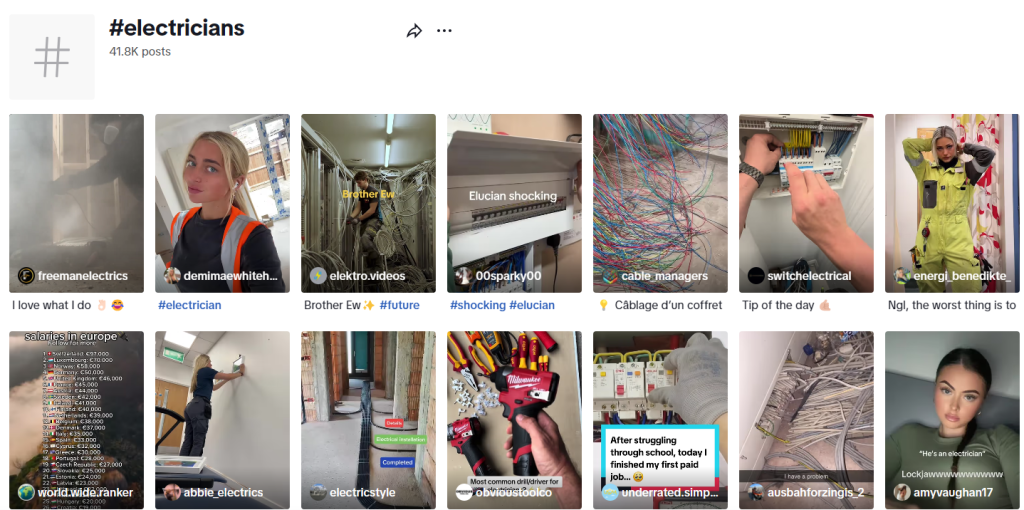 TikTok #electricians page with 41.8K posts, showing a grid of short videos from electricians