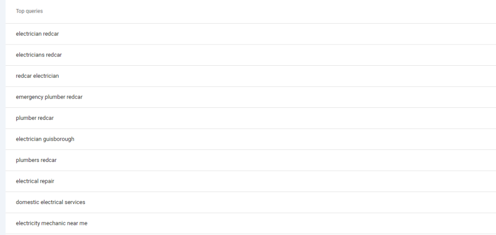 List of top search queries showing many related searches, including electrician redcar, electricians redcar, redcar electrician, electrician guisborough, electrical repair and domestic electrical services