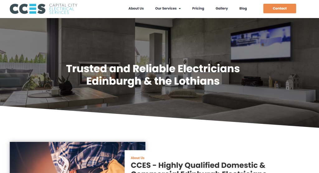 Capital City Electrical Services homepage with the headline 'Trusted and Reliable Electricians Edinburgh and the Lothians'