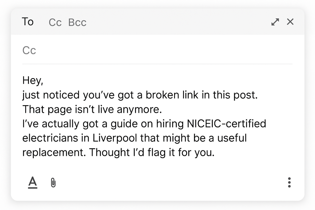 Email draft flagging a broken link to a site owner and offering a guide on hiring NICEIC-certified electricians in Liverpool