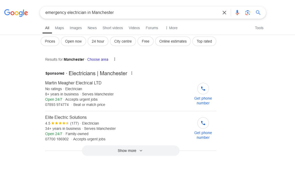 Google results for 'emergency electrician in Manchester' showing the sponsored Electricians section with two listings