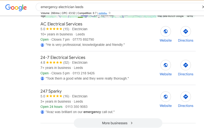 Google local results for 'emergency electrician Leeds' showing three electricians with star ratings, hours and phone numbers