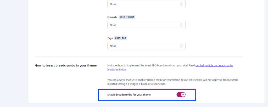 Yoast SEO's breadcrumbs settings with the "Enable breadcrumbs for your theme" switch turned on and outlined in blue