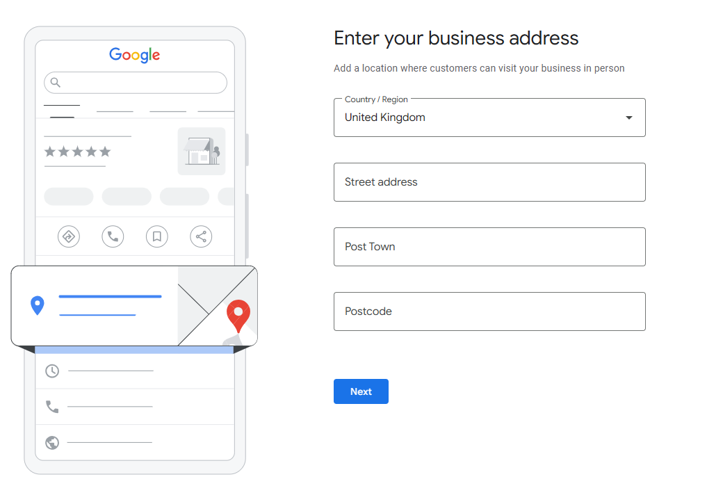 Google Business Profile form for entering a business address, with country, street, post town and postcode fields