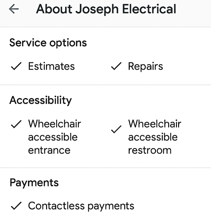 Business Profile 'About' section showing highlights such as estimates, repairs, wheelchair access and contactless payments