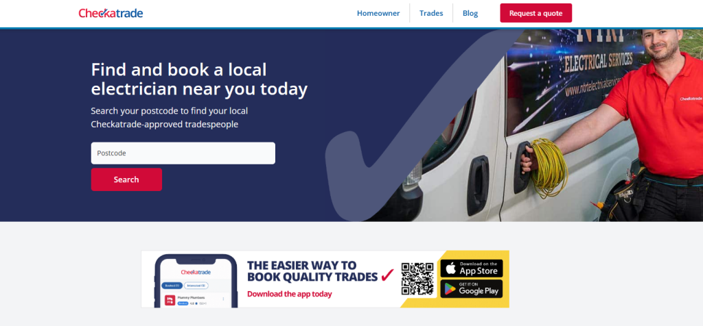 Checkatrade homepage headed 'Find and book a local electrician near you today' with a postcode search box