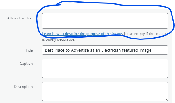 Empty Alternative Text box in the WordPress attachment details, circled in blue above the Title and Caption fields