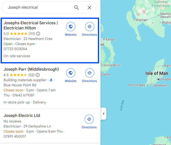 Google Maps search for Joseph electrical with the first business listing highlighted in blue