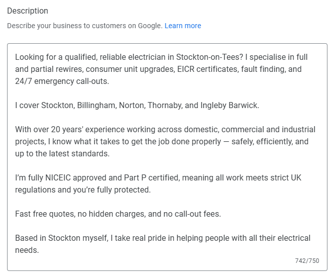Full Google Business Profile description for a Stockton-on-Tees electrician covering services, areas and accreditations
