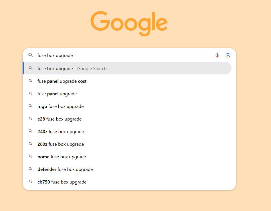 Google search box autocomplete suggestions for 'fuse box upgrade', such as 'fuse panel upgrade cost' and 'fuse panel upgrade'