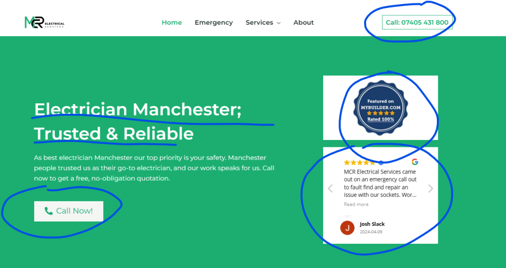 MCR Electrical landing page for Manchester with the phone number, Call Now button, MyBuilder badge and Google review circled