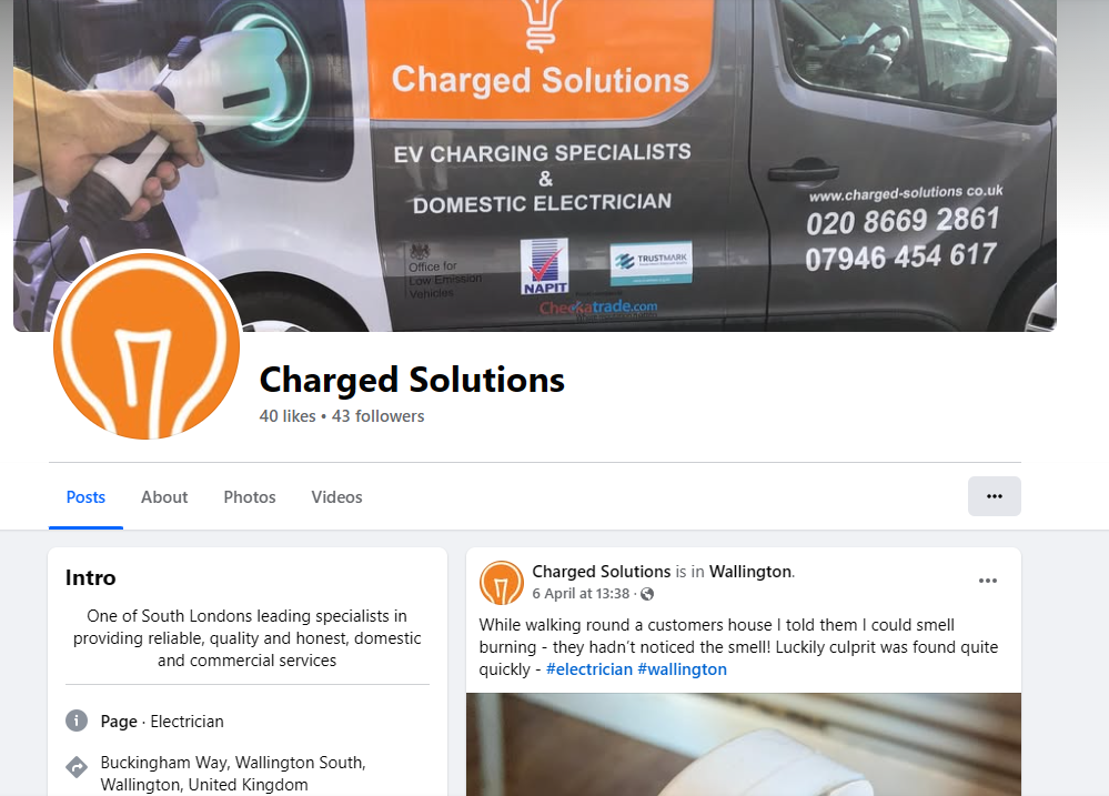 Charged Solutions Facebook page for an EV charging specialist and domestic electrician, with a van cover photo and recent post