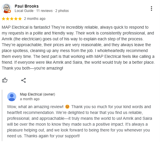 Five-star Google review of an electrical business with a friendly, personal reply from the owner