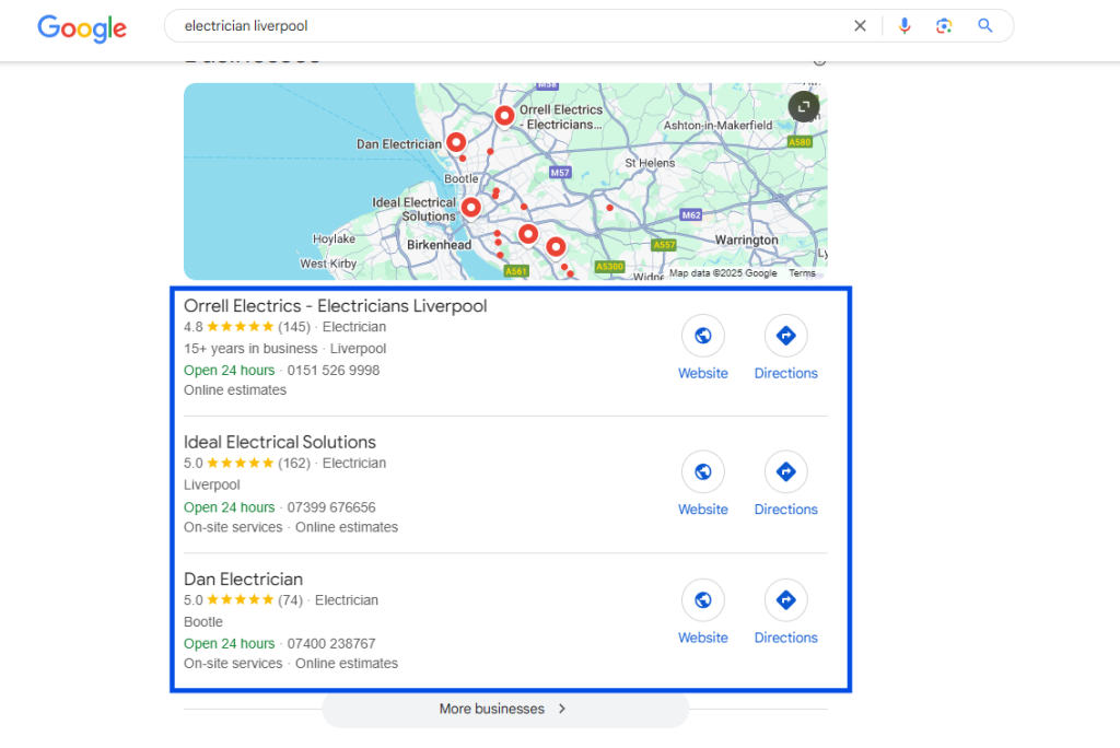 Google Map Pack for the search "electrician Liverpool", showing three electricians with star ratings and review counts of 145, 162 and 74